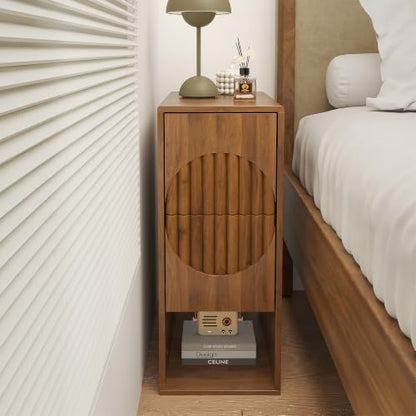 9.8" Narrow Nightstand with 2 Drawers, Slim End Table, Small Bedside Table | Fluted side table, push to open design, for small area, sapce saving, walnut, for living room, for bedroom