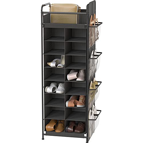 Simple Houseware 16 Cube Shoe Stand Tower Rack 8 Tier, Dark Gray | Top Shelf and Side Hanging Pockets - color: Dark Gray