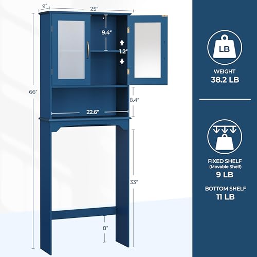 Yaheetech Over The Toilet Storage Cabinet, Free Standing Toilet Rack with Adjustable Shelves and Tempered Glass Doors for Bathroom Washroom, Navy Blue - color: Navy Blue