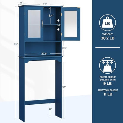 Yaheetech Over The Toilet Storage Cabinet, Free Standing Toilet Rack with Adjustable Shelves and Tempered Glass Doors for Bathroom Washroom, Navy Blue - color: Navy Blue