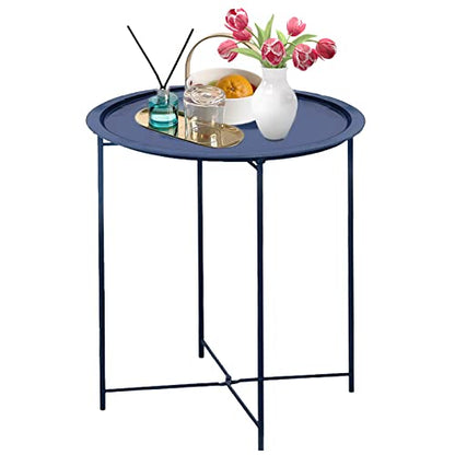 Garden 4 you End Table Metal Side Table Blue Round Folding Tray Cyan Sofa Small Accent Fold-able Table, Round End Table Tray, Next to Sofa Table, Snack Table for Living Room and Bed Room - color: Dark Blue