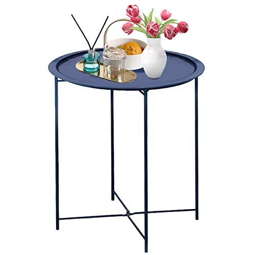 Garden 4 you End Table Metal Side Table Blue Round Folding Tray Cyan Sofa Small Accent Fold-able Table, Round End Table Tray, Next to Sofa Table, Snack Table for Living Room and Bed Room - color: Dark Blue