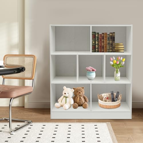 7 Cube Bookshelf Modern Display Cabinet, Horizontal Open Shelf Low Bookcase with 7Compartments, Free-Standing Wooden Bookcase with Back Panel for Study, Bedroom, Living Room (Warm White) - color: Warm White