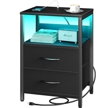 Yoobure Nightstand with Charging Station, LED Night Stand with Fabric Drawers and Storage Shelf for Bedroom, Nightstands Bedside Tables with USB Ports & Outlets, Small Night Stands, Bed Side Table - color: Black