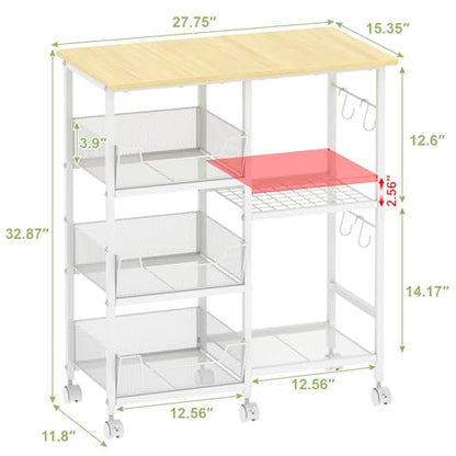 Rolling Kitchen Microwave Organizer Cart, Adjustable Shelves, White | Kitchen Island Storage Cart & Microwave Stand with Tilt-Out Baskets & Lockable Wheels, 27.75"L×15.35"W×32.9"H - color: White