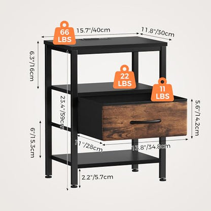 DUMOS Nightstand with Charging Station, Bedside Table with 1 USB-A, 1 USB-C & 2 AC Outlets, Fabric Drawer with Adjustable Open Shelf, Compact End Table for Bedroom, Black & Brown - color: Black and Brown, size: 15.7"Dx11.8"Wx23.4"H(1 Drawer, 1 Pack)