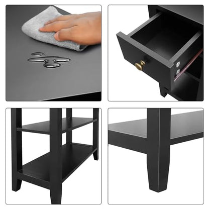ChooChoo Side Table Living Room, Narrow End Table with Drawer and Shelf, 3-Tier Sofa End Table for Small Space, Black - color: Ink Black