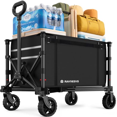 Collapsible Wagon with Wheels,120L Wagon Cart for Camping Groceries Beach | 220lbs Capacity Wagon Carts Foldablet,Smallest Folding Size,Lightweight Portable,Adjustable Handle,Transport long items - color: Black