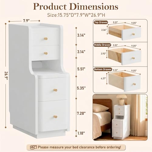 Narrow Nightstand with 4 Drawers, 7.9" Solid Wood Narrow Bedside Table White with Open Shelf & Cable Hole, Modern Night Stand Slim Bedside Table for Bedroom(Fully Assembly) - color: White