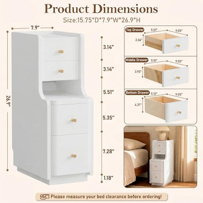 Narrow Nightstand with 4 Drawers, 7.9" Solid Wood Narrow Bedside Table White with Open Shelf & Cable Hole, Modern Night Stand Slim Bedside Table for Bedroom(Fully Assembly) - color: White