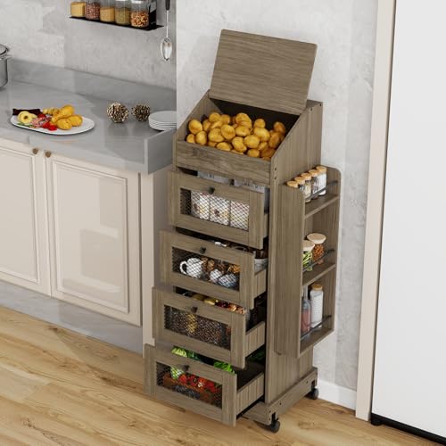 ARTETHYS Potato Storage Bin 5-Tier Rolling White Bread Box with Side Rack | Onion Keeper with Spice Rack on Wheels, Movable Fruit & Vegetable Container with 4 Ventilated Drawers for Kitchen - color: Gray