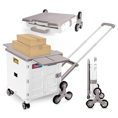 Foldable Utility Cart with Stair Climbing Wheels,Collapsible Rolling Crate with Magnetic Lid Telescopic Cover,Adjustable Telescoping Handle,360° Rotate Wheel Hand Cart for Teacher Shopping Moving - color: White, size: Stair Climber Adjustable Handle