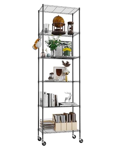 Himimi 6-Tier Storage Shelf Units, Adjustable Wire Shelving with Wheels, Metal Shelves with Stainless Side Hooks, Free Standing Shelving for Laundry Bathroom Kitchen Pantry Closet, Black - color: Black, size: 11.42"D x 21.26"W x 72.05"H, 6-Tier