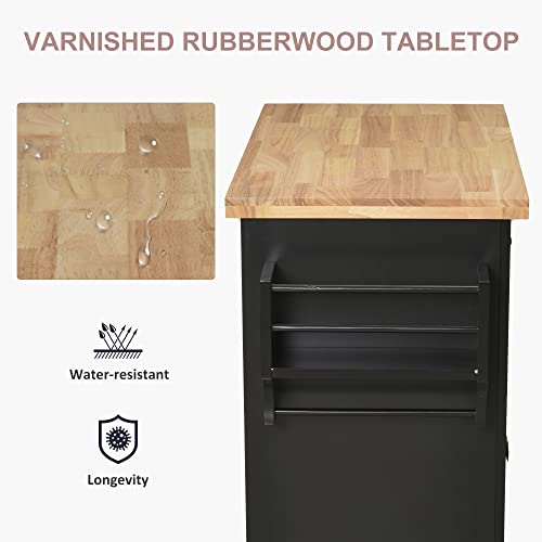 HOMCOM Kitchen Island Cart with Solid Wood Top, 44" Mobile Kitchen Island Table on Wheels with Storage Cabinets, 2 Drawers, Adjustable Shelves, Spice Rack & Towel Bar for Dining Room, Black - color: Black