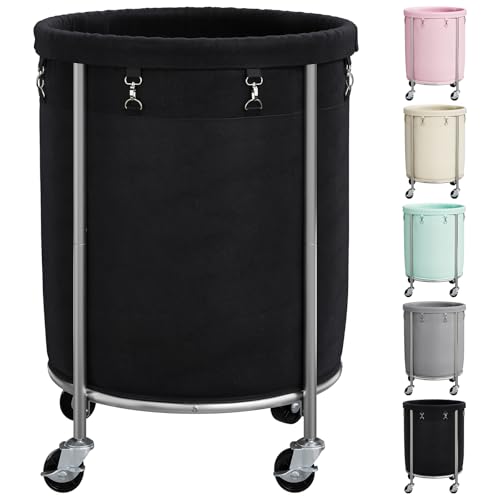 ELYKEN Laundry Basket with Wheels, Round Rolling Laundry Hamper, Black | 190L, Removable Liner Bag, Heavy-Duty Metal Frame, Locking Casters, Dirty Clothes Hamper for Hotel, Home, Closet, Dorm - color: Black, size: 190L