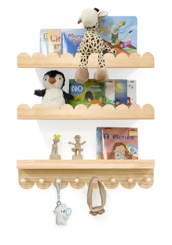 Floating Nursery Book Shelves with Hooks-20Inches Scalloped Shelves for Bedroom Kids Set of 3, Nursery Bookshelf for Kids Room Decor, Natural, Large - color: Natural Wood, size: 20 Inches / Set of 3