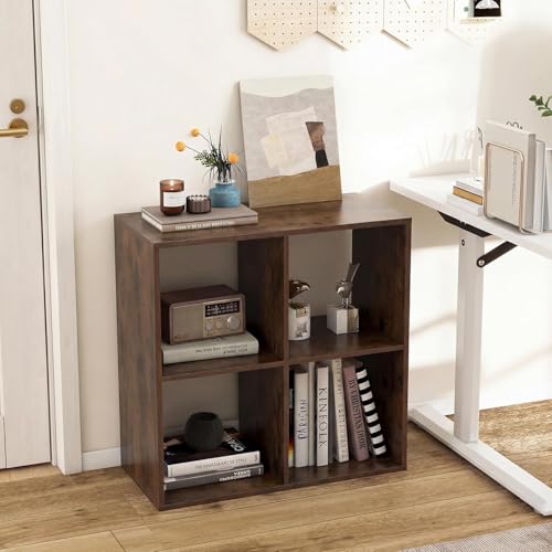 POWERSTONE 4 Cube Storage Organizer, 2 Tier Cubby Bookshelf, Rustic Brown | Freestanding Bookcase w/Back Guardrail, Open Back Display Rack for Living Room, Bedroom, Study - color: Rustic Brown, size: 4 Cubes