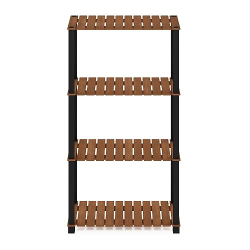 Furinno Pangkor 4-Tier Turn-N-Tube Indoor Outdoor Plant Shelf Wood Stand with Square Poles, Natural/Black - style: 4 Tier Square Poles