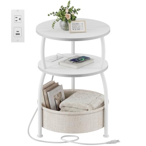 Round Side Table with Charging Station, USB Type C Port, White | Small Table with Storage Basket,Tall Side Table for Sofa,Small Spaces, Nightstand for Living Room Bedroom, 15.75in - color: Matte White, size: 15.75" Dia with Power Strip