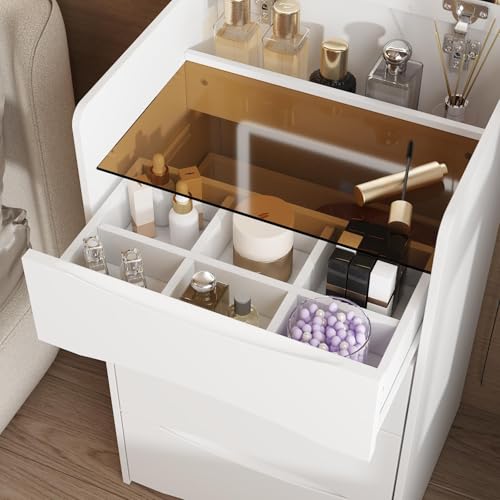 FUFU&GAGA Vanity Desk with Flip Top Mirror and Lights, Small Makeup Vanity Set with Glass Shelf, Space Saving Dressing Table with 3 Drawers & Cushion Stool for Bedroom, White 18.7”W x 15.7”D x 47.2”H
