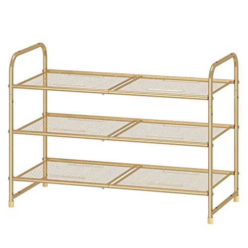 Simple Trending 3-Tier Stackable Shoe Rack, Expandable & Adjustable Shoe Shelf Storage Organizer, Metal Mesh, Gold - color: Gold, size: 3 Tiers