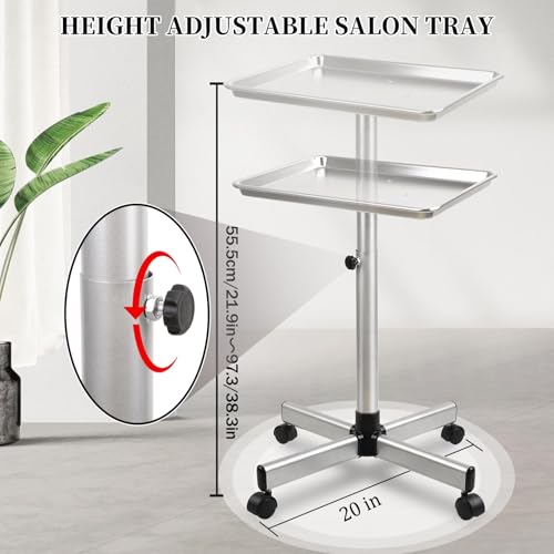 Salon Tray on Wheels, Salon Color Tray with Adjustable Height,Salon Rolling Tray Ideal Use As Metal Mayo Stand Tray,Tattoo Tray, Medical Tray, Dental Tray（Silver） - color: Silver