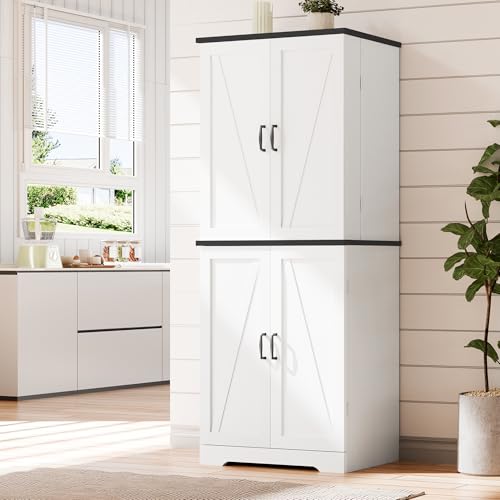 Vongrasig Kitchen Pantry Storage Cabinet with Barn Doors, Drawer and Adjustable Shelves, 6-Tier Tall Rustic Wood Cupboard Locker for Kitchen, Dining Room, Living Room, Bathroom, (White) - color: White