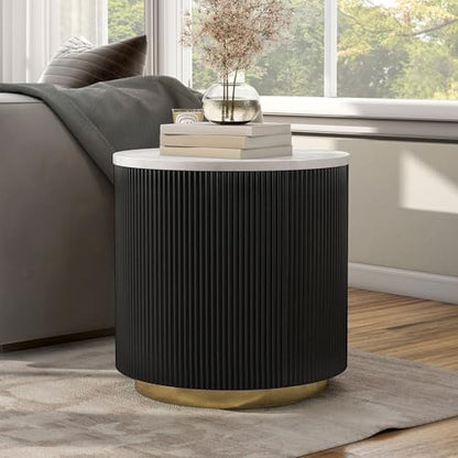 Furniture of America Beryl Modern Round White Genuine Marble Top End Table with Fluted Pedestal Base and Gold Stainless Steel Accent, Low Profile Table for Living Room, Home Office, Black - size: End Table, style: Round