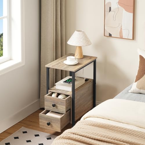 HOOBRO End Table with Charging Station, Narrow Side Table with 2 Drawer & USB Ports & Power Outlets, Nightstand for Small Spaces, for Living Room, Bedroom, Sapphire Brown UC541BZ01 - color: Sapphire Brown