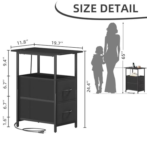 Somdot End Table with Charging Station, Narrow Side Table with 2 Fabric Drawers, Skinny Nightstand with Storage, Small Slim Bedside Table for Living Room, Sofa, Bedroom, Couch, Black - color: Black