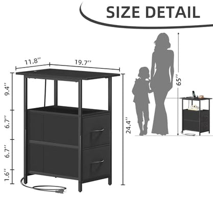 Somdot End Table with Charging Station, Narrow Side Table with 2 Fabric Drawers, Skinny Nightstand with Storage, Small Slim Bedside Table for Living Room, Sofa, Bedroom, Couch, Black - color: Black