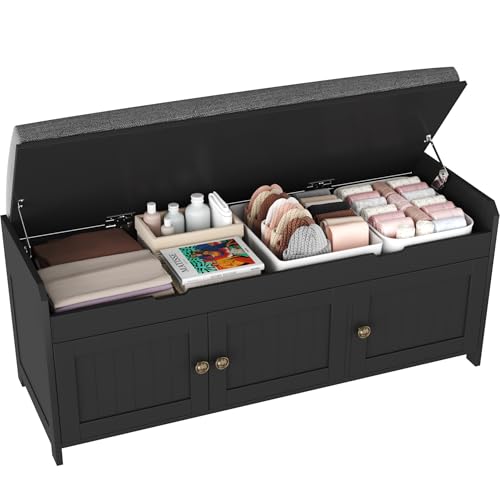 HOMEFORT 41.3" Shoe Bench with Lift Top Storage, Entryway Bench with Cushioned Seat, Wooden End of Bed Bench, Shoe Cabinet Bench with Hidden Storage Space, for Bedroom, Hallway,Black - color: Black, size: 41.3"Wx14.9"D x18.1"H