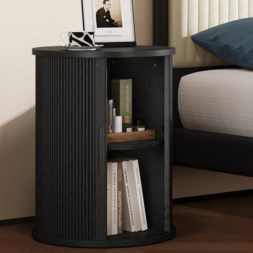 LINSY HOME Round End Table, Fluted Side Table with Sliding Tambour Door and Storage Shelf, Mid Century Modern Circular Nightstand for Bedroom, Wood Boho Tall Bedside Cabinet for Small Space, Black - color: Black