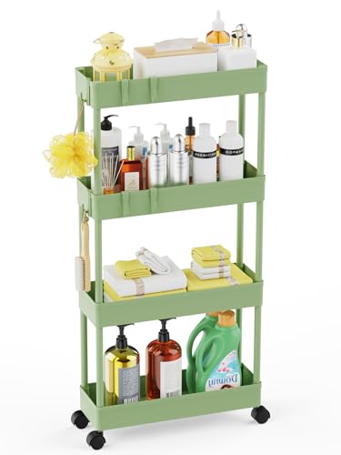LEHOM 5.1" Slim Storage Cart - 4 Tiers Bathroom Organizer Mobile Shelving Unit Storage Rolling Utility Cart Slide Out Organizer for Kitchen Bathroom Laundry Narrow Places, Green - color: Light Bean Green, size: 5.1"W x 15"D x 36"H