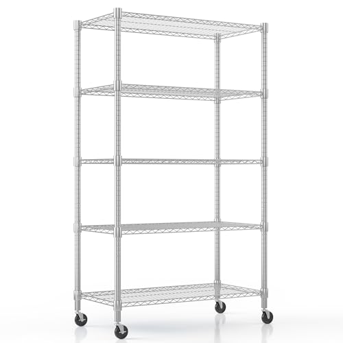 Himimi 5-Tier Heavy Duty Steel Wire Rack Storage Shelving, Adjustable Metal Storage Shelves with Wheels, 82''H Wire Shelf for Kitchen Garage Basement Pantry Organization, 18" D×36" W×82" H-Silver - color: Silver, size: 18"D×36"W×82"H, 5-Tier