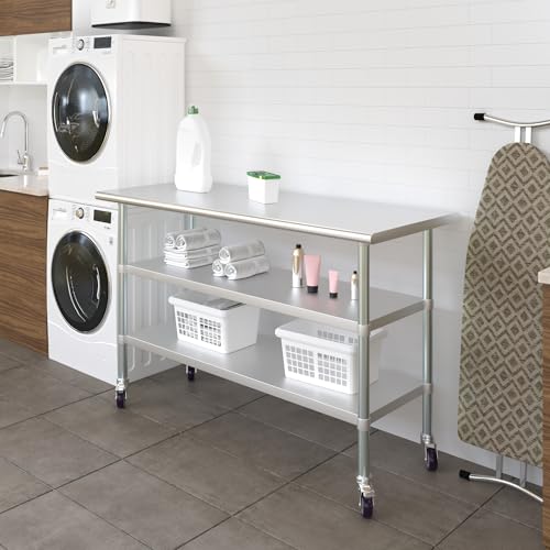 AmGood Stainless Steel Work Table with 2 Shelves and Casters | Metal Utility Table On Wheels (Stainless Steel Work Table with 2 Shelves + Casters, 60" Long x 24" Deep) - size: 60" Long x 24" Deep