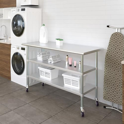 AmGood Stainless Steel Work Table with 2 Shelves and Casters | Metal Utility Table On Wheels (Stainless Steel Work Table with 2 Shelves + Casters, 60" Long x 24" Deep) - size: 60" Long x 24" Deep