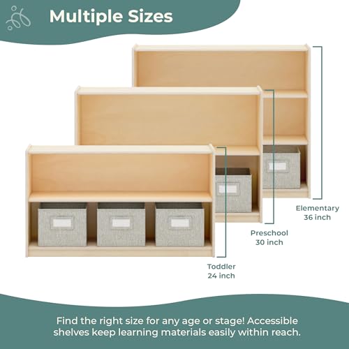 Guidecraft EdQ Two Shelf Open Storage 24'' Natural with 3 Fabric Bins: Wooden Multi-Purpose Bookcases and Toy Storage Organizer; Homeschool and Classroom Furniture - color: Natural