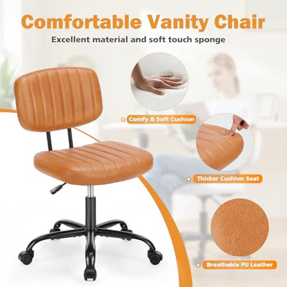 Sweetcrispy Small Office Desk Chair, Armless PU Leather with Comfy Lumbar Support, Height Adjustable Rolling Swivel Task for No Arms, for Adult, Student, Bedroom, Home, Vanity, Brown - color: Leather Brown