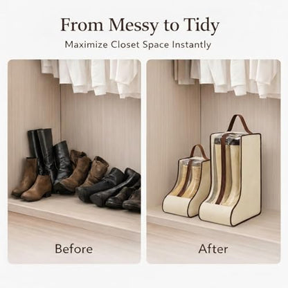 4 Pack Portable Boot Storage Bag,2 Tall & 2 Short Boot Storage Bag with Clear Window, Zipper and Handle, Travel Friendly Shoe Storage for Boots, Closet Organization,Beige