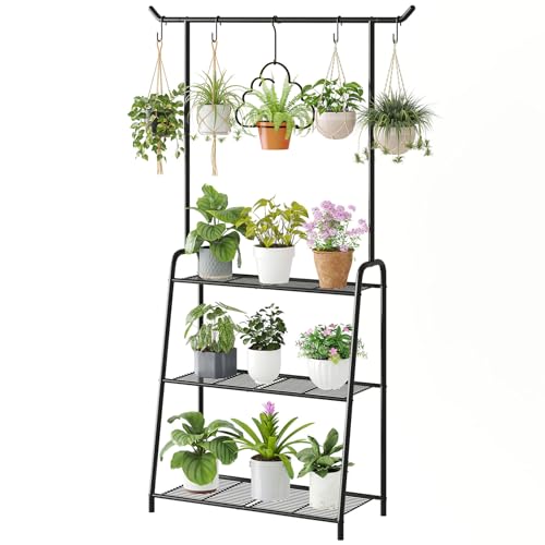 Metal Plant Stand Indoor Outdoor, 3 Tier Tall Corner Plant Shelf, Hanging Flower Ladder for Living Room, Balcony, Garden, Patio (Black) - color: Black
