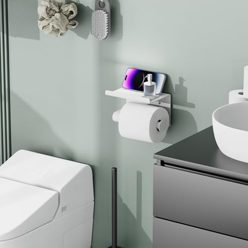 Bntuk Toilet Paper Holder with Shelf, Self-Adhesive or Screw Wall Mount Toilet Paper Holder with Wipes Storage, Rustproof Stainless Steel Tissue Roll Holder for Bathroom Washroom (White) - color: White