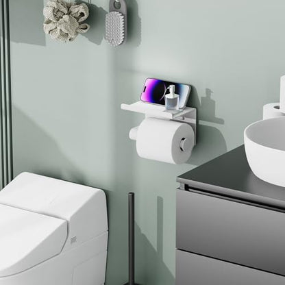 Bntuk Toilet Paper Holder with Shelf, Self-Adhesive or Screw Wall Mount Toilet Paper Holder with Wipes Storage, Rustproof Stainless Steel Tissue Roll Holder for Bathroom Washroom (White) - color: White