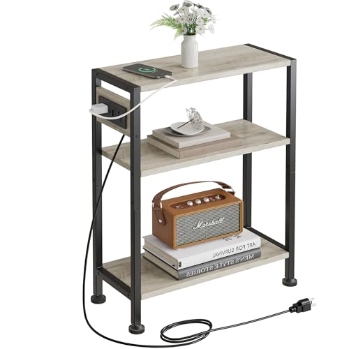 End Table with Charging Station, 3-Tier Side Table for Small Space, Skinny Nightstand with USB/Type C Port and 2 Outlets, Slim Sofa Beside Table for Living Room, Bedroom and Balcony, Greige - color: Greige