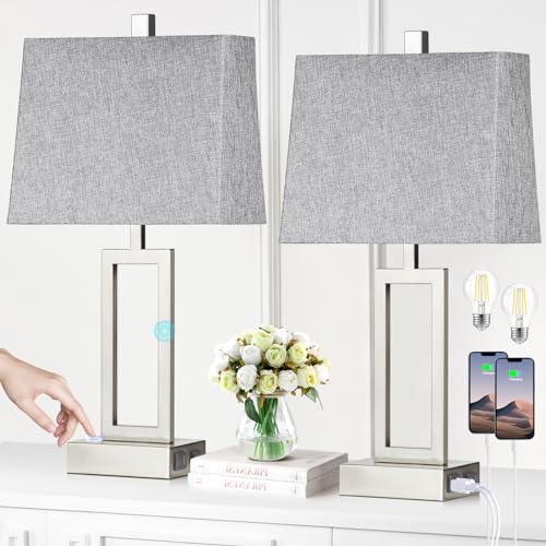 Rinweey 23.5" Touch Control Table Lamps Set of 2, Modern Silver Bedside Lamps with USB A+C Ports & AC Outlet, 3 Way Dimmable Contemporary Nightstand Lamps for Bedroom Living Room(2 LED Bulb Included) - color: Silver