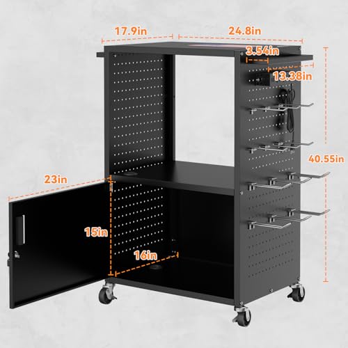 Mobile AV Cart, Heavy Duty Rolling Computer Cart with Push Handle & Hooks – Locking Cabinet, Pegboard, 4 Outlets, Lock Brake Casters – Media Utility Cart on Wheels for Office/Classroom - size: Style 2 18"D x 32"W x 40.5"H