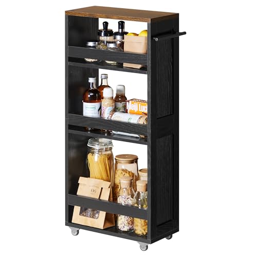 VASAGLE 4-Tier Slide-Out Storage Cart, Slim Kitchen Cart for Small Spaces, with Wheels, Handle, Bathroom, Laundry Room, 7.9 x 17 x 34.1 Inches, Ebony Black and Rustic Brown ULRC051K02 - color: Ebony Black + Rustic Brown, size: 7.9"D