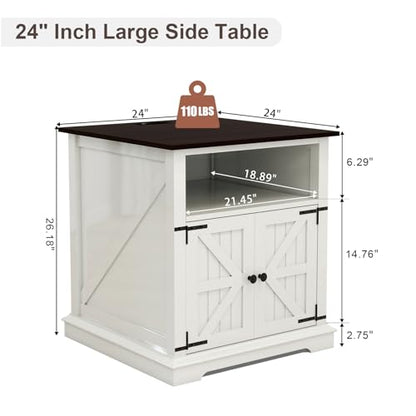 MUUEGM Farmhouse End Tables Living Room Set of 2, NightStand with Charging Station, Wooden Side Table with Adjustable Storage Shelf and Barn Door for Living Room, Bedroom, White, 2 Pack - color: White Set 2