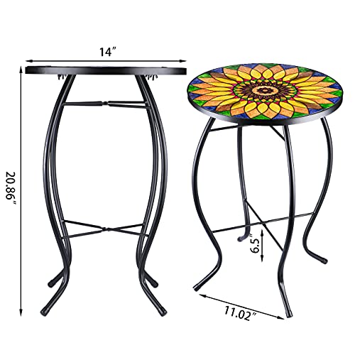 VCUTEKA Sunflower Outdoor Side Table, Mosaic Design, Small Glass Top, Round, Patio Side Table, Balcony Coffee Table, Indoor, 14 inches, Yellow - color: Yellow