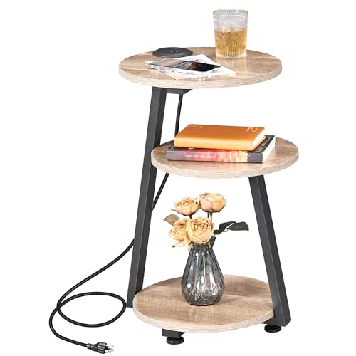BEWISHOME Round End Table with Charging Station, Side Accent Table with 3-Tier Shelves, Small Couch Table for Living Room Greige KTZ51G - color: Beige, size: with PowerOutlet